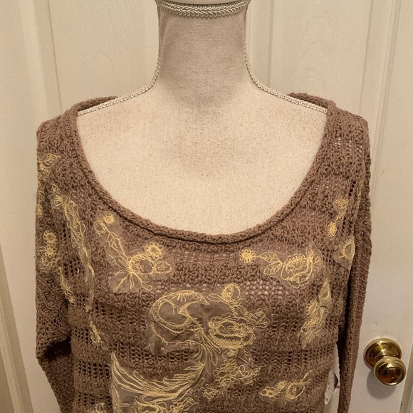 Free People Sweater M Brown Yellow Taupe Applique Long Sleeve Semi-Open Eave NWT - Picture 2 of 11